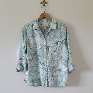 Chico's Mint Green Paisley No Iron 100% Linen 3/4 Sleeve Button Down Size Large